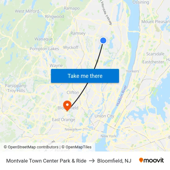 Montvale Town Center Park & Ride to Bloomfield, NJ map