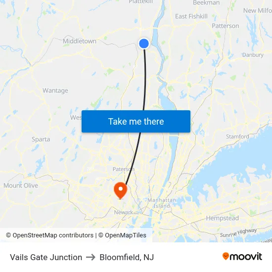 Vails Gate Junction to Bloomfield, NJ map