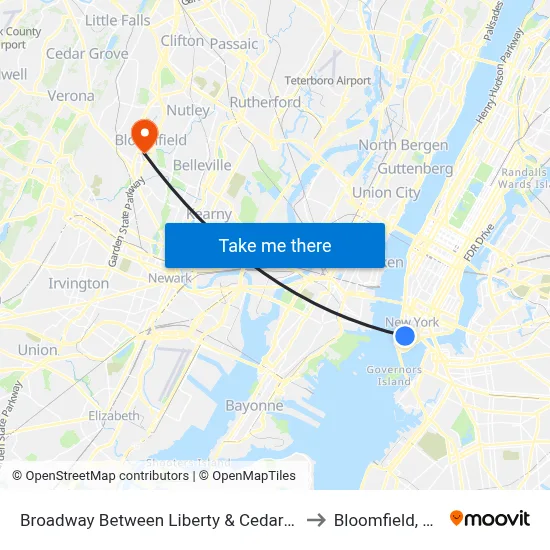 Broadway Between Liberty & Cedar St to Bloomfield, NJ map