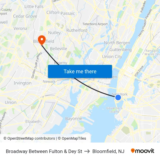 Broadway Between Fulton & Dey St to Bloomfield, NJ map