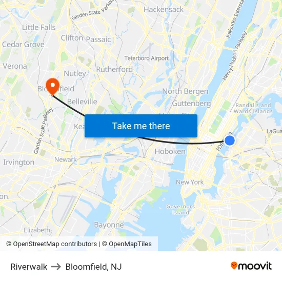 Riverwalk to Bloomfield, NJ map
