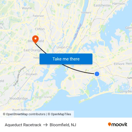 Aqueduct Racetrack to Bloomfield, NJ map