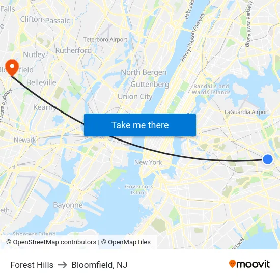 Forest Hills to Bloomfield, NJ map