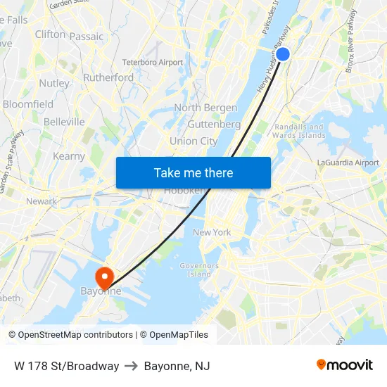 W 178 St/Broadway to Bayonne, NJ map