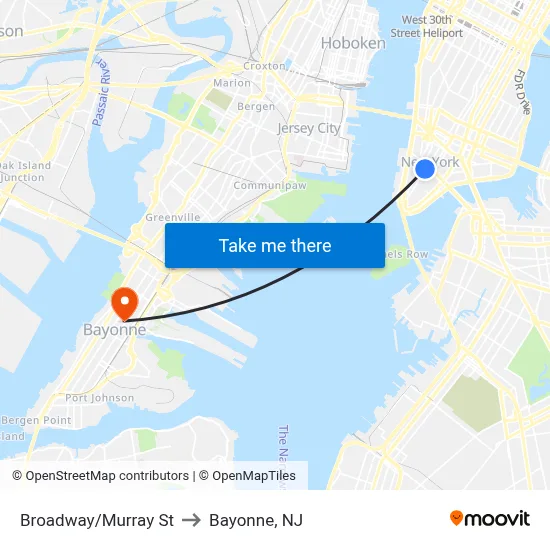 Broadway/Murray St to Bayonne, NJ map