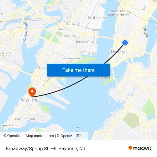 Broadway/Spring St to Bayonne, NJ map