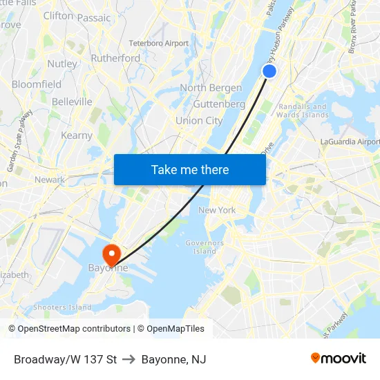 Broadway/W 137 St to Bayonne, NJ map