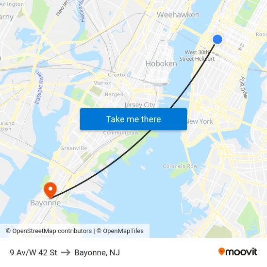 9 Av/W 42 St to Bayonne, NJ map