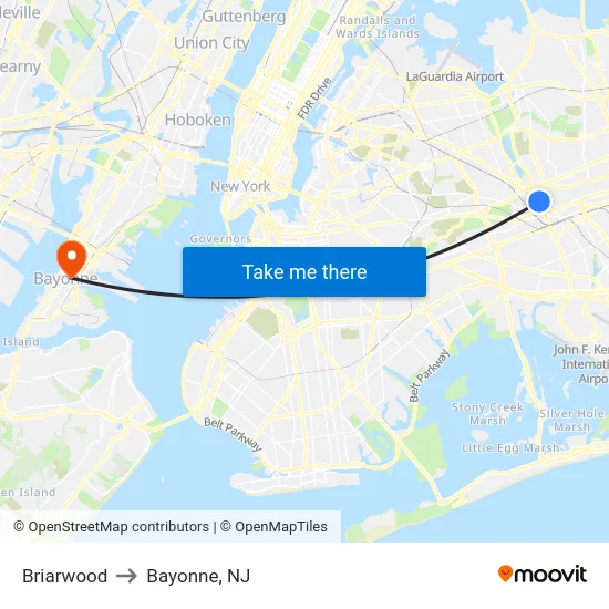 Briarwood to Bayonne, NJ map