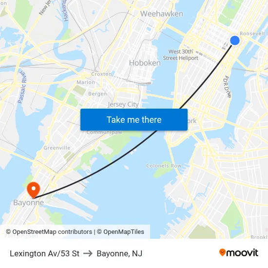 Lexington Av/53 St to Bayonne, NJ map