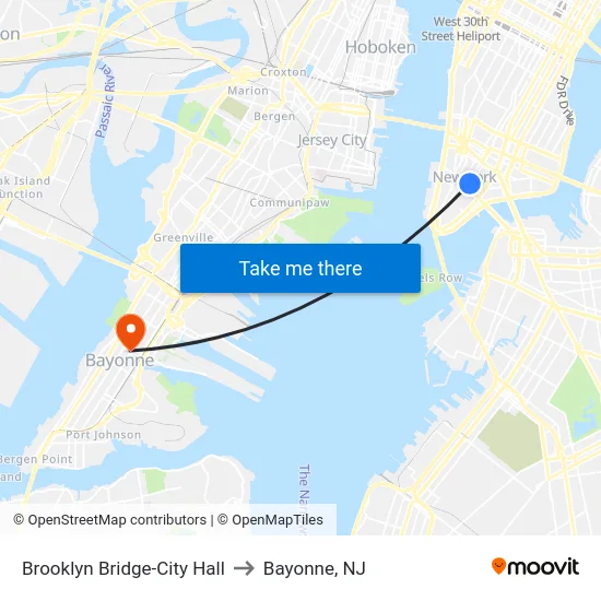 Brooklyn Bridge-City Hall to Bayonne, NJ map