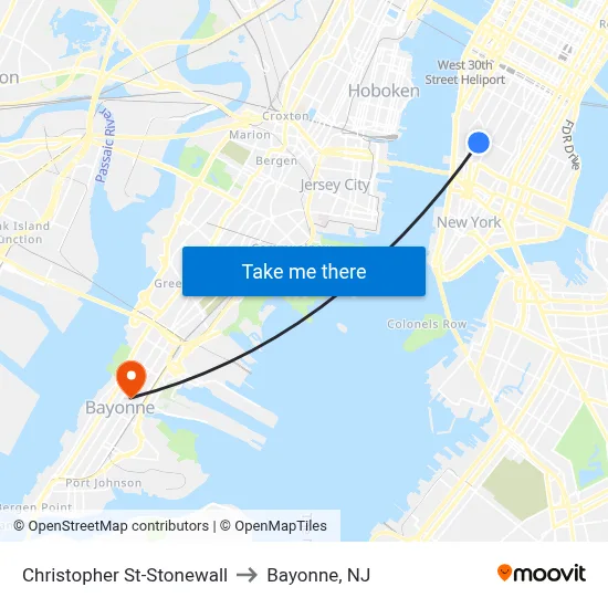Christopher St-Stonewall to Bayonne, NJ map