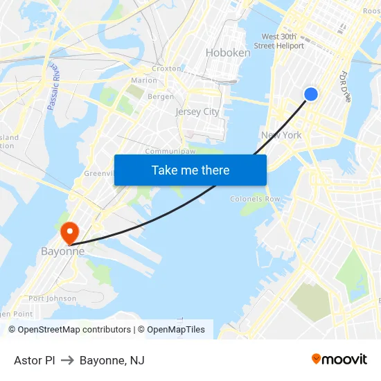 Astor Pl to Bayonne, NJ map