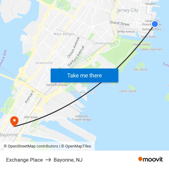 Exchange Place to Bayonne, NJ map