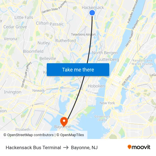 Hackensack Bus Terminal to Bayonne, NJ map