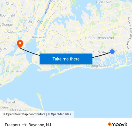 Freeport to Bayonne, NJ map