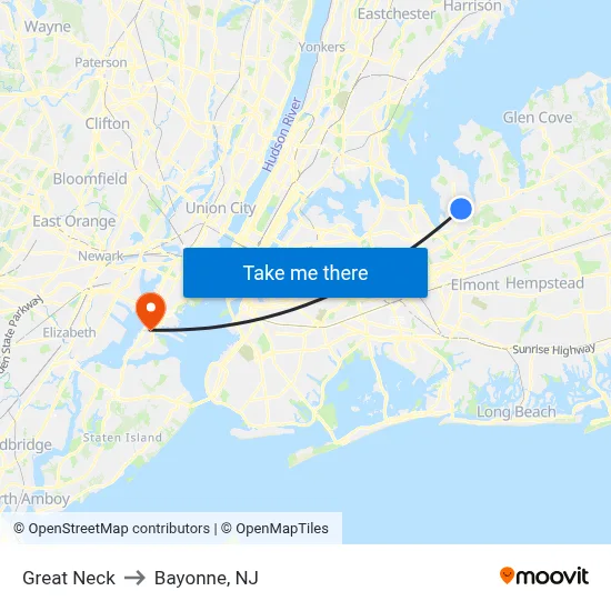 Great Neck to Bayonne, NJ map