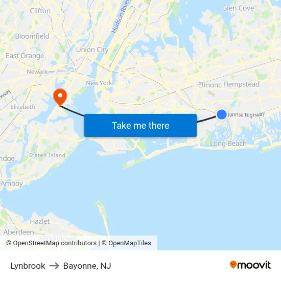 Lynbrook to Bayonne, NJ map