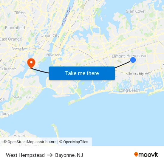 West Hempstead to Bayonne, NJ map
