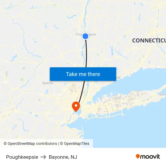 Poughkeepsie to Bayonne, NJ map