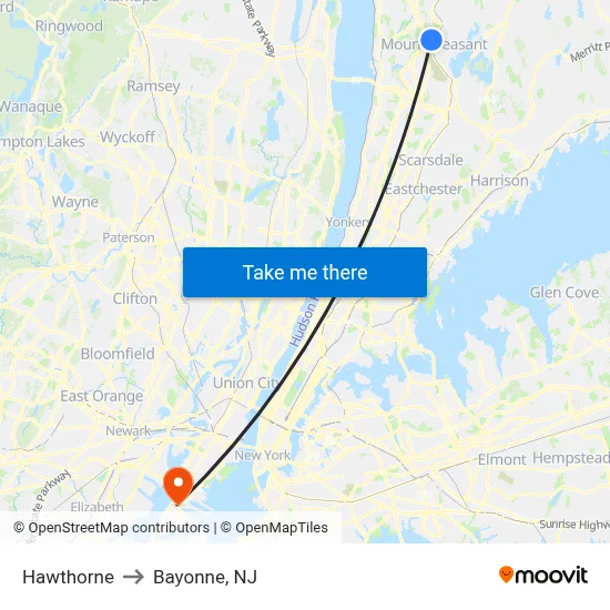Hawthorne to Bayonne, NJ map