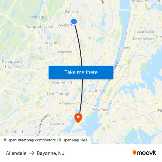 Allendale to Bayonne, NJ map