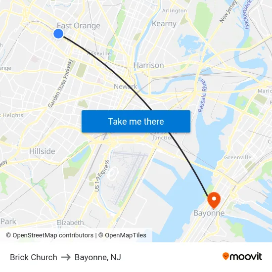Brick Church to Bayonne, NJ map