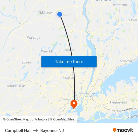Campbell Hall to Bayonne, NJ map