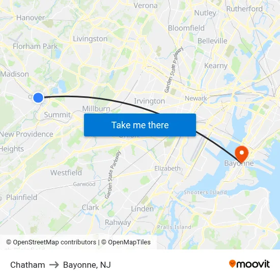 Chatham to Bayonne, NJ map