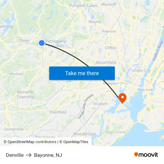 Denville to Bayonne, NJ map