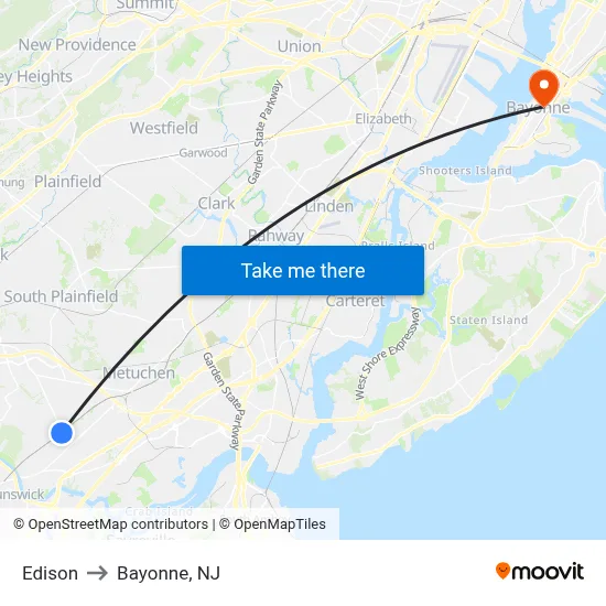 Edison to Bayonne, NJ map