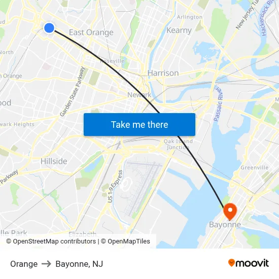 Orange to Bayonne, NJ map