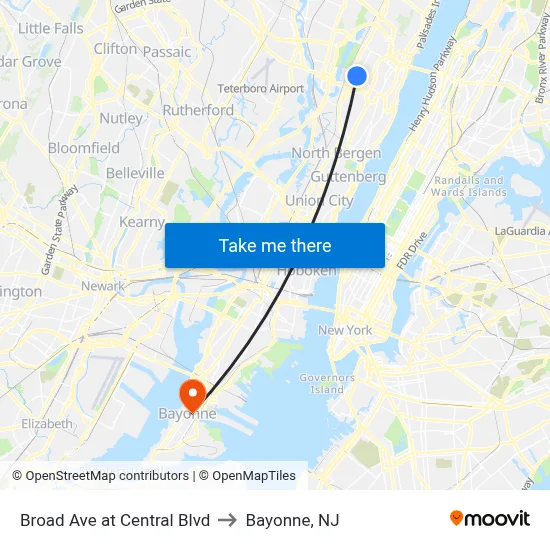 Broad Ave at Central Blvd to Bayonne, NJ map