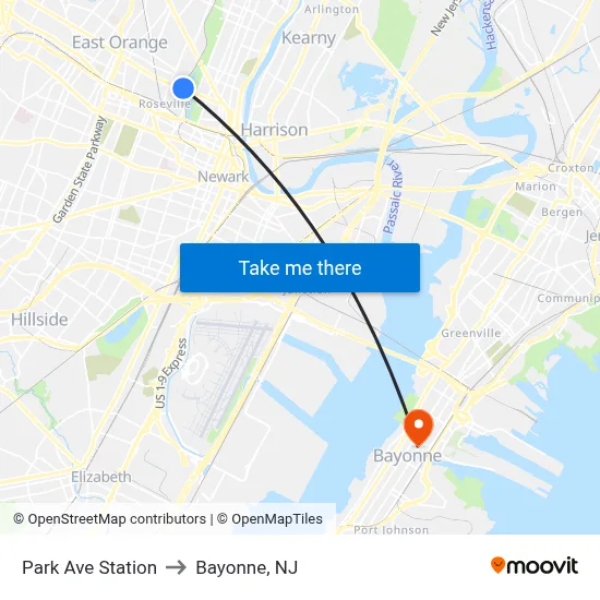 Park Ave Station to Bayonne, NJ map