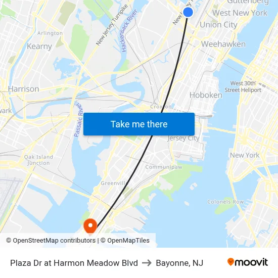 Plaza Dr at Harmon Meadow Blvd to Bayonne, NJ map