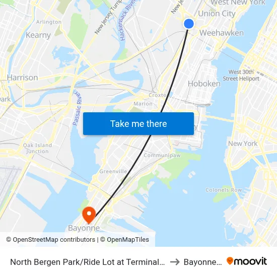 North Bergen Park/Ride Lot at Terminal Building B to Bayonne, NJ map