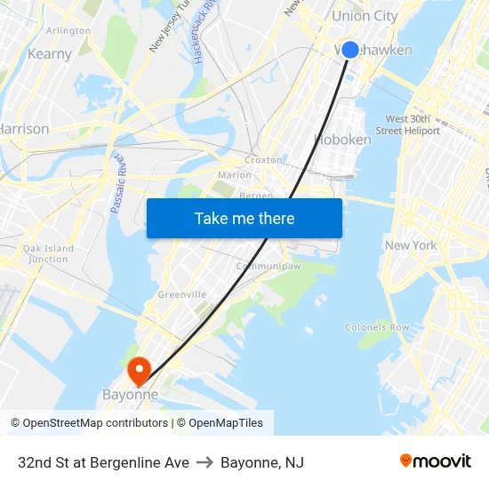 32nd St at Bergenline Ave to Bayonne, NJ map