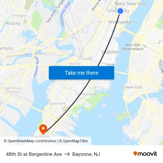 48th St at Bergenline Ave to Bayonne, NJ map