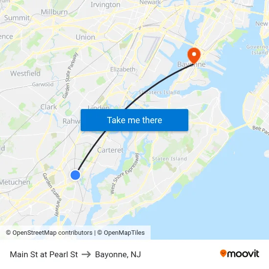 Main St at Pearl St to Bayonne, NJ map