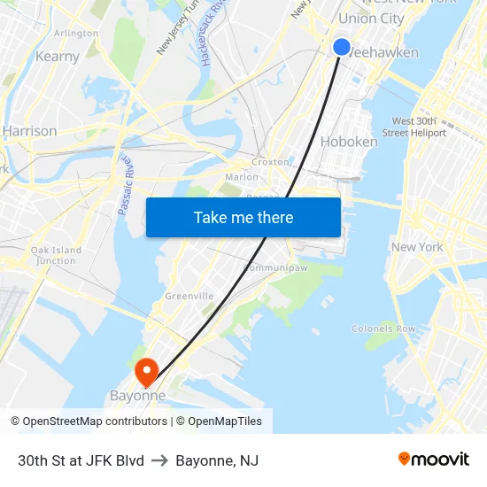 30th St at JFK Blvd to Bayonne, NJ map