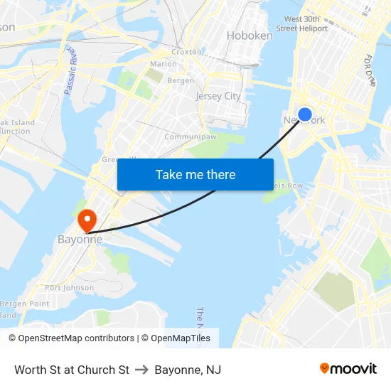 Worth St at Church St to Bayonne, NJ map