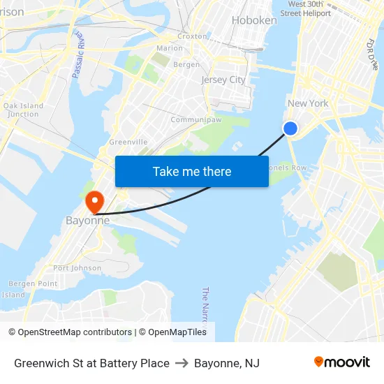 Greenwich St at Battery Place to Bayonne, NJ map