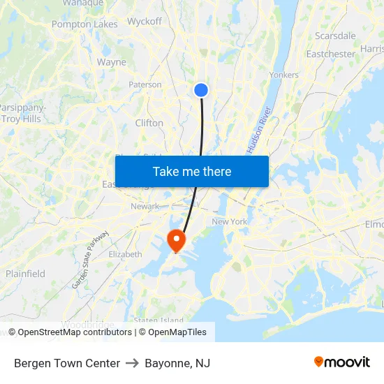 Bergen Town Center to Bayonne, NJ map
