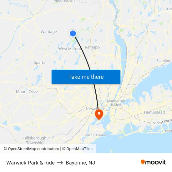 Warwick Park & Ride to Bayonne, NJ map