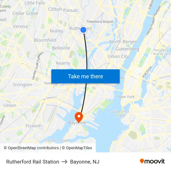 Rutherford Rail Station to Bayonne, NJ map