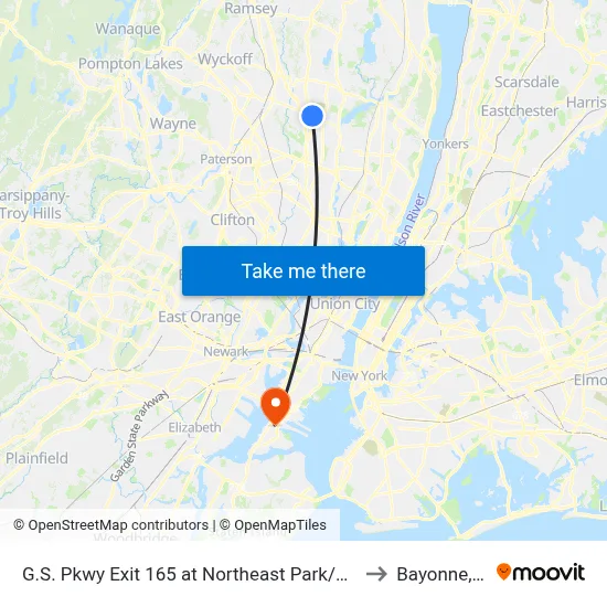 G.S. Pkwy Exit 165 at Northeast Park/Ride Lot to Bayonne, NJ map