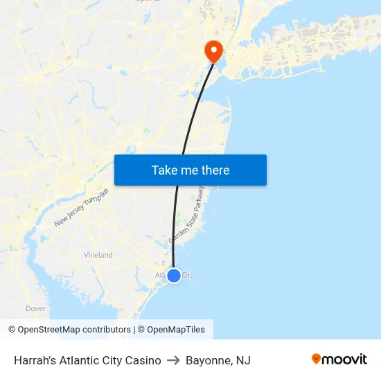 Harrah's Atlantic City Casino to Bayonne, NJ map