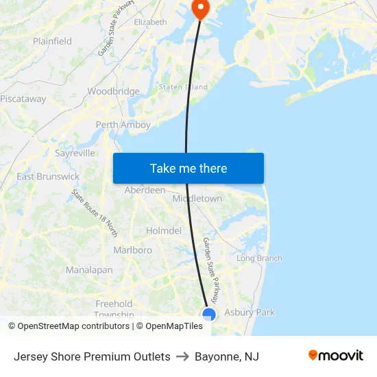 Jersey Shore Premium Outlets to Bayonne, NJ map