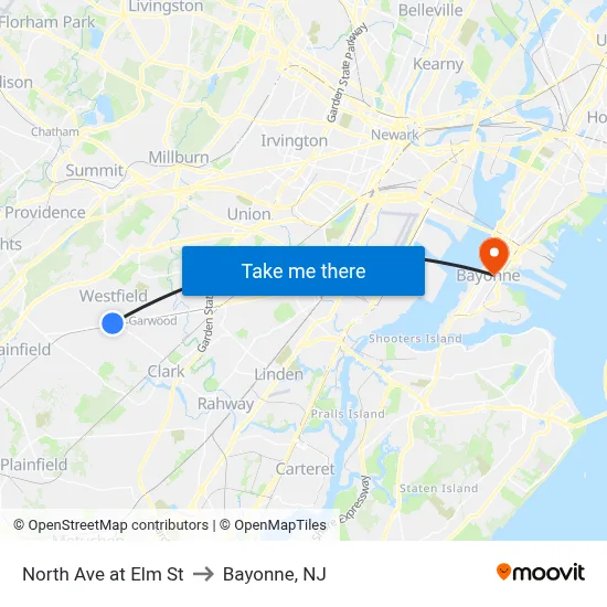 North Ave at Elm St to Bayonne, NJ map