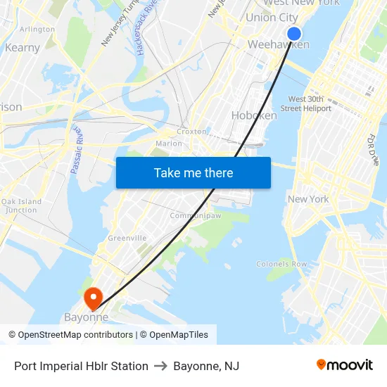 Port Imperial Hblr Station to Bayonne, NJ map